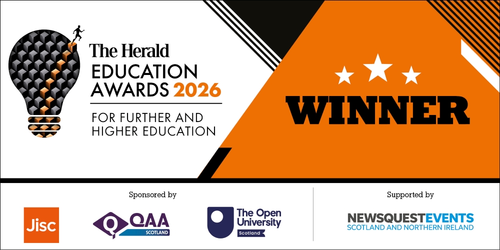 The Herald Education Awards 2026 for further and higher education - Winner. Sponsored by Jisc, QAA Scotland, The Open University. Supported by Newsquest Events