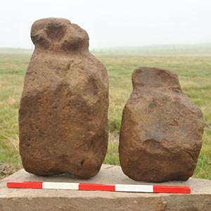 Archaeology colleagues discovered nine half-metre tall stone-carved objects in Orkney. Some of the objects look remarkably like stylised representations of the human form. Archaeology colleagues discovered nine half-metre tall stone-carved objects in Orkney. Some of the objects look remarkably like stylised representations of the human form.
