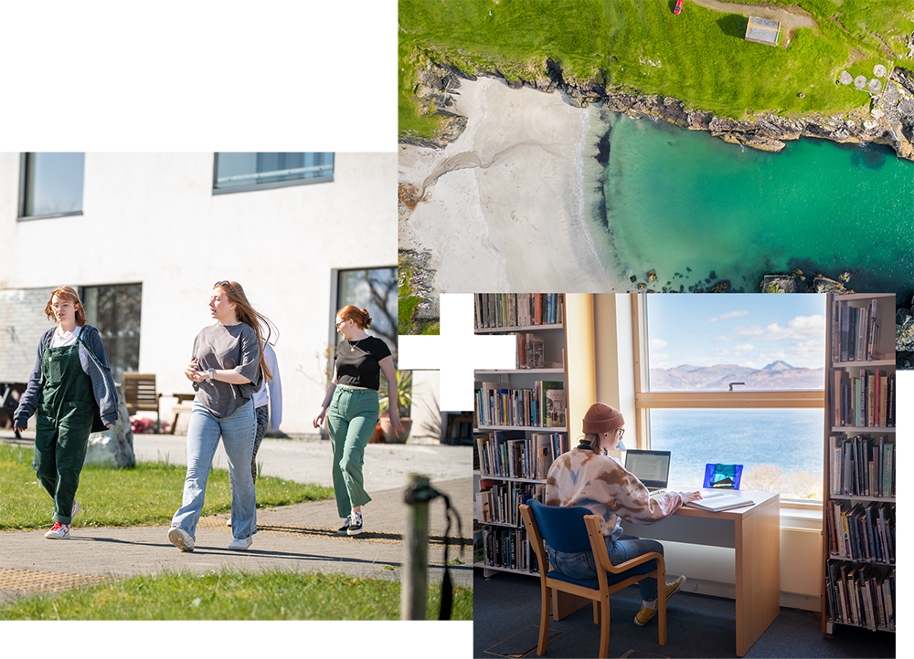 Aerial top down view of a beach | Four people walking | A person studying in a library Aerial top down view of a beach | Four people walking | A person studying in a library