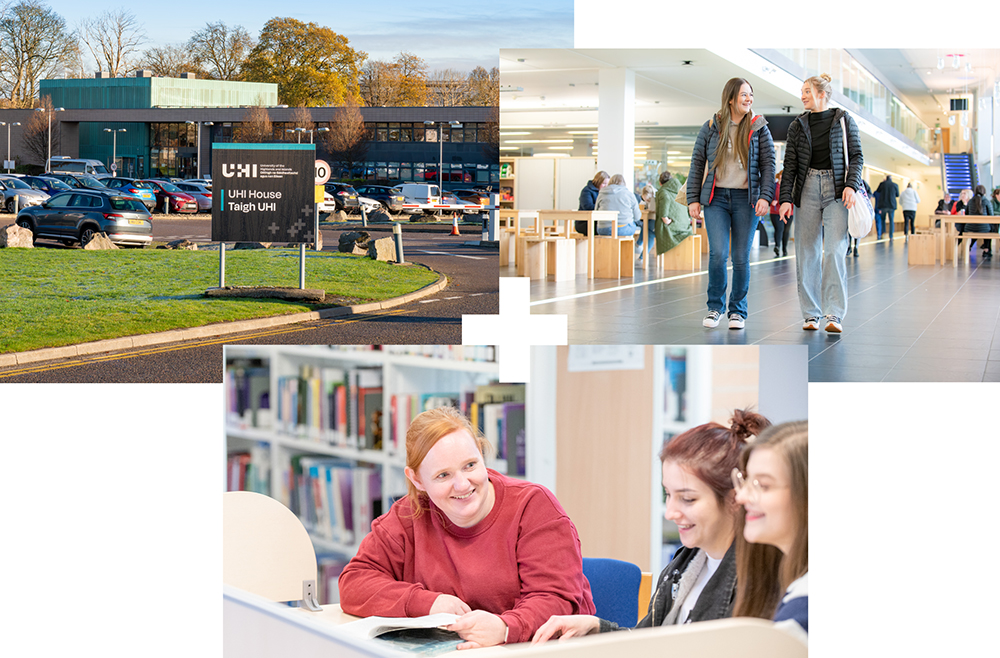 UHI House building and signage | Two people walking and talking | Three people studying UHI House building and signage | Two people walking and talking | Three people studying