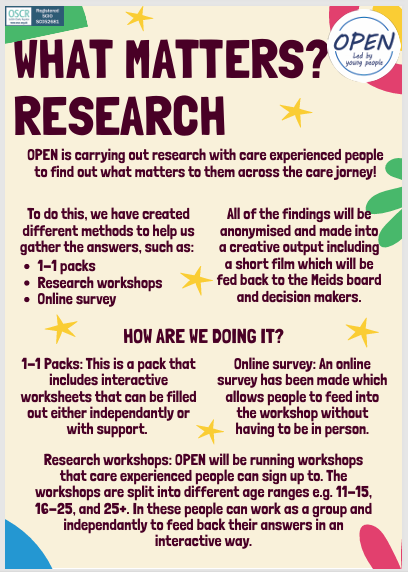 OPEN poster outlining how care experienced individuals research will be undertaken