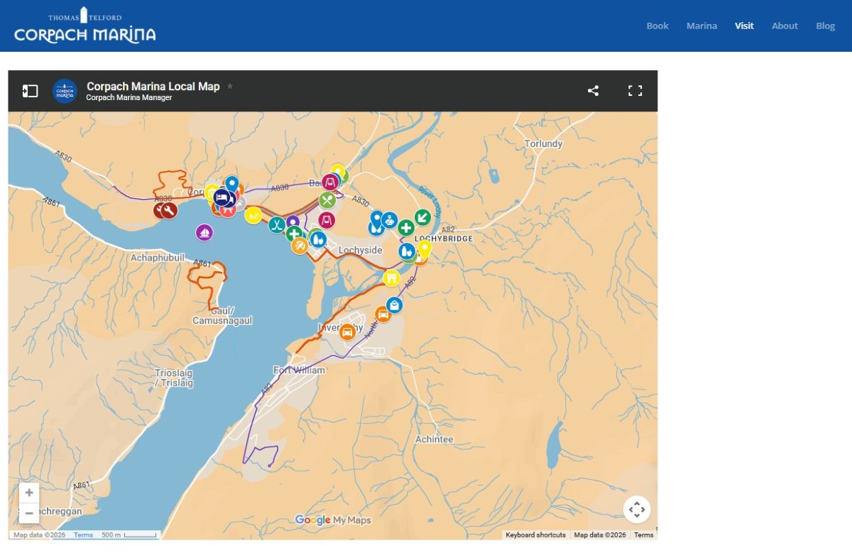 Corpach Marina local map with key interest points on Google MyMaps