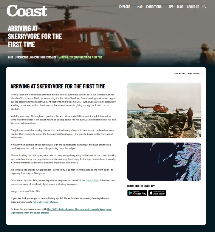 Screenshot of article about arriving at Skerryvore for the first time on the Coast website