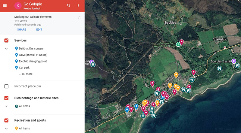 Screenshot of Golspie with information pins on Google maps Screenshot of Golspie with information pins on Google maps