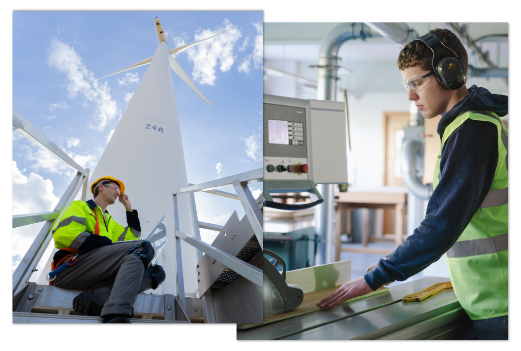 Person at the base of wind turbine | Person using a table saw