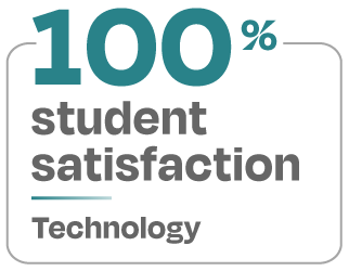 Image containing the text 100 percent student satisfaction for technology