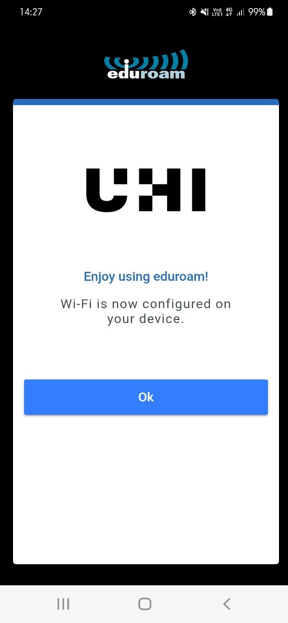 Successful set up and login for Eduroam Successful set up and login for Eduroam