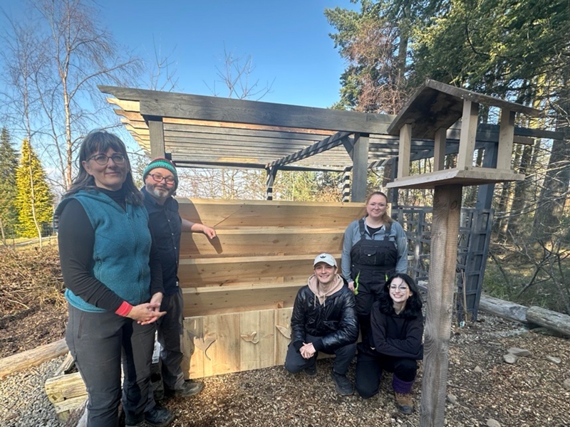 HNC Horticulture students Noelle, Mark, Leon, Emily and Frank at the tea shed when it was newly installed