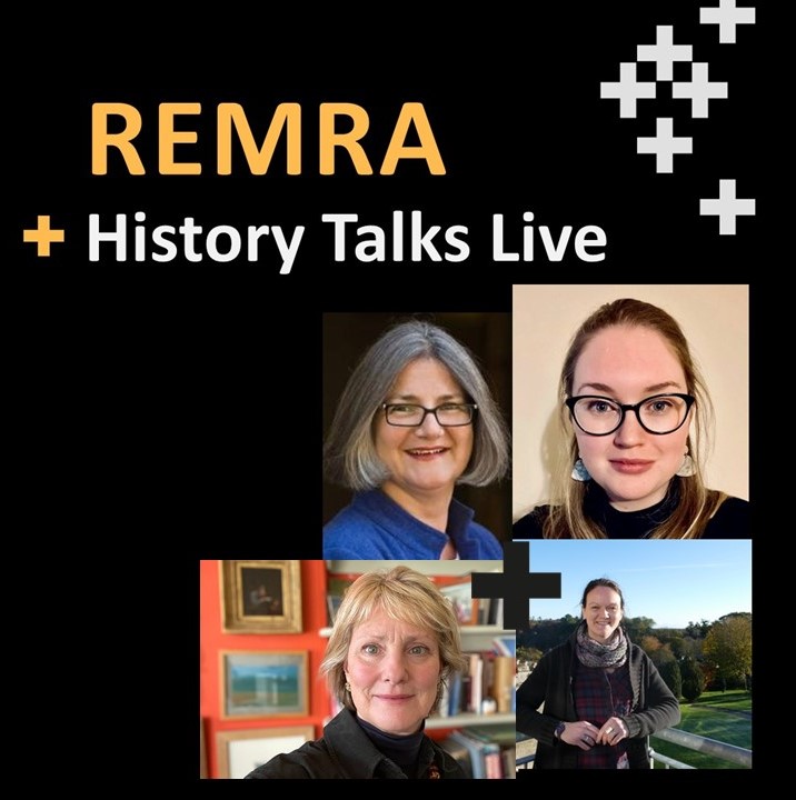 Picture collage of speakers with black background. Text reads: REMRA + History Talks Live Picture collage of speakers with black background. Text reads: REMRA + History Talks Live