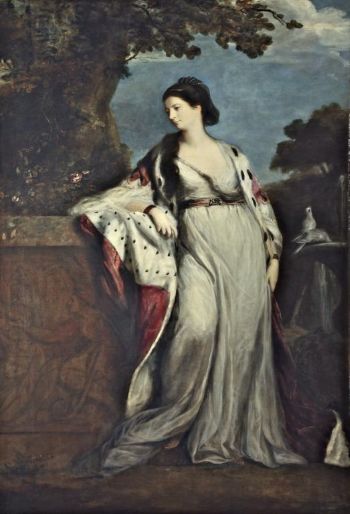Painting of a woman dressed in a loosely draped dress, and an ermine-lined red robe. She is leaning against a stone wall, with a tree in the background.