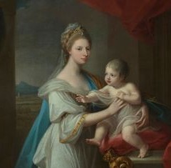 Close up of a painting showing a woman in luxurious draped dress, holding a baby.