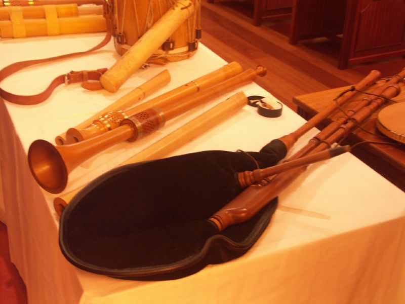 A photograph of bagpipes and shawms
