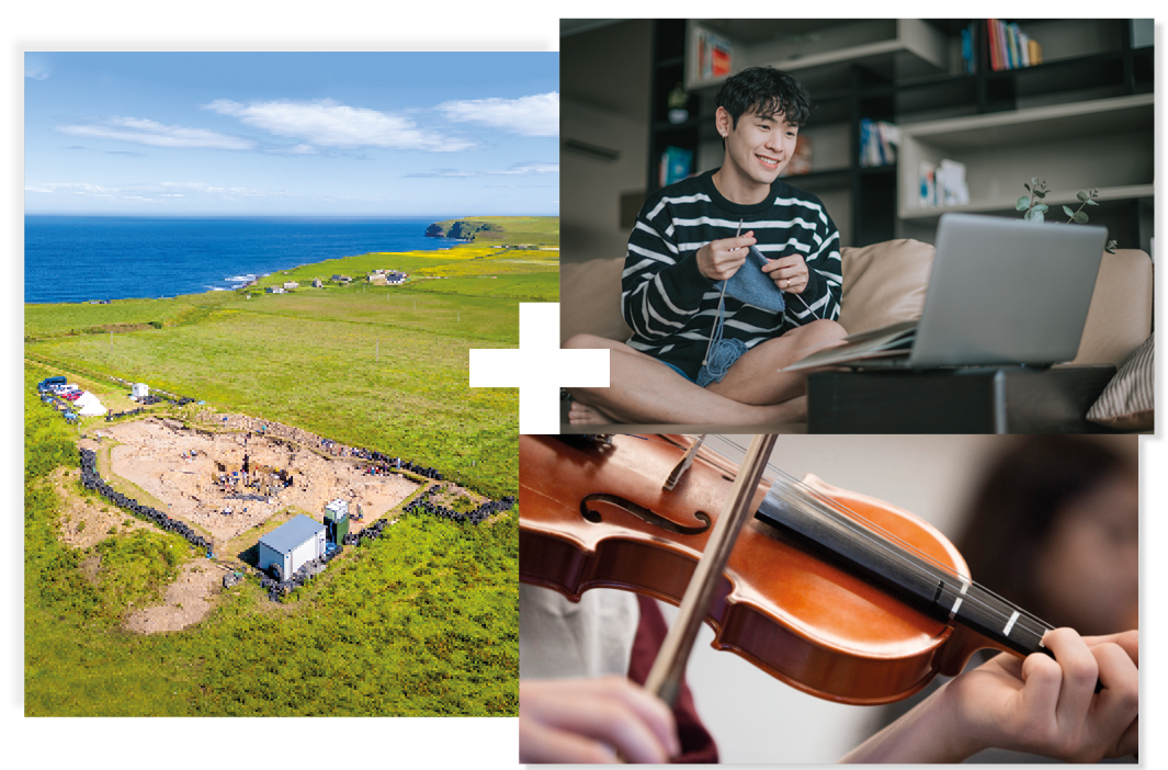 Collage of 3 | Archaeological dig | Person studying at a laptop | Close-up of a violin Collage of 3 | Archaeological dig | Person studying at a laptop | Close-up of a violin