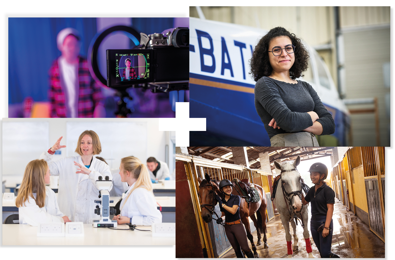 Collage of 4 | Close-up of a camera | Student standing in front of a plane | Students in a laboratory | Students in a horse stables Collage of 4 | Close-up of a camera | Student standing in front of a plane | Students in a laboratory | Students in a horse stables