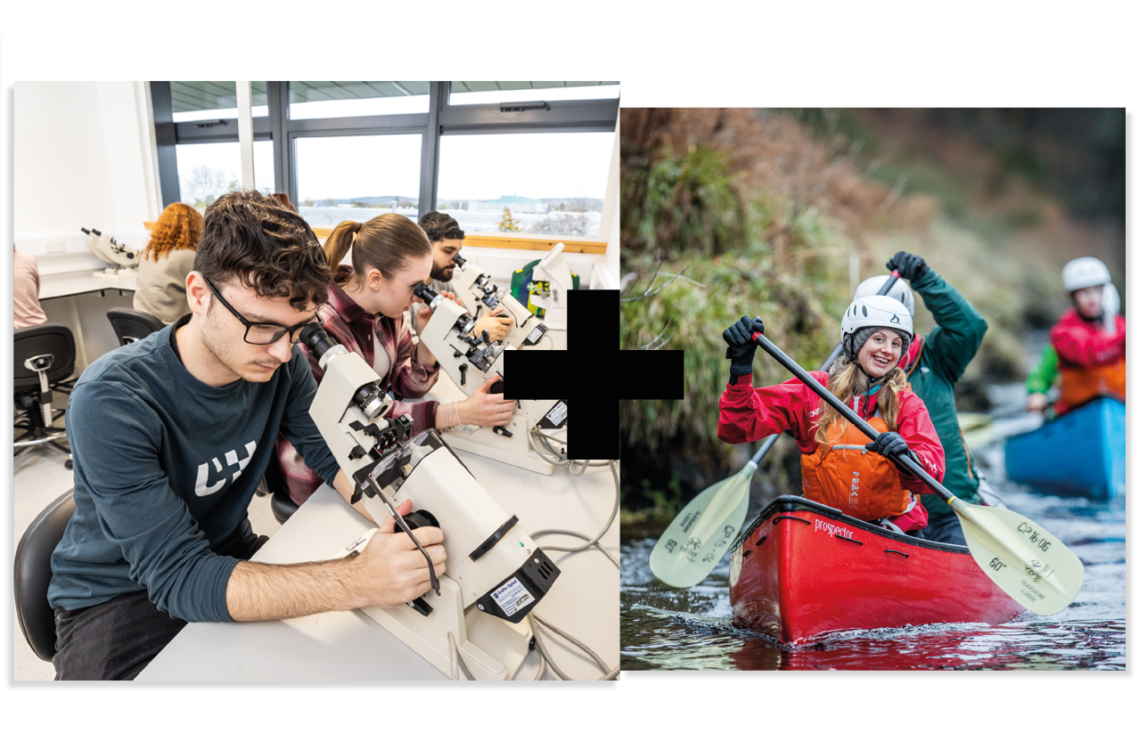 Collage of 2 | Students in an optometry laboratory | Students on a canoeing trip Collage of 2 | Students in an optometry laboratory | Students on a canoeing trip