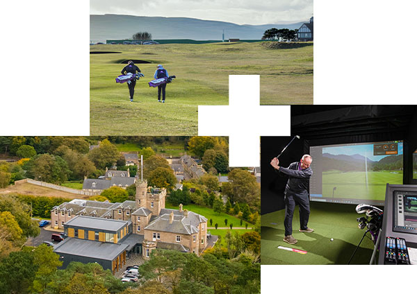 Left: Dornoch campus. Top: Two golfers walking across the course. Right: Equipment at the Centre for Golf. Left: Dornoch campus. Top: Two golfers walking across the course. Right: Equipment at the Centre for Golf.
