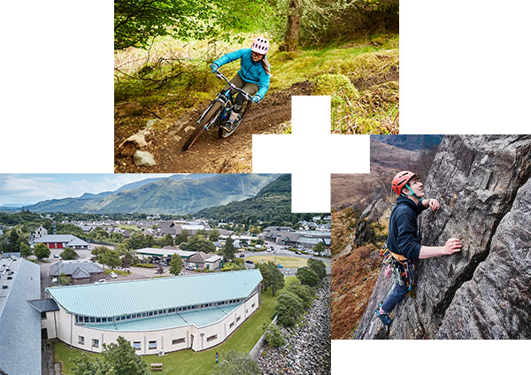 Left: UHI NWH Fort William campus with mountains in background. Top: Student mountain biking in the woods. Right: Student trad climbing down Glen Nevis. Left: UHI NWH Fort William campus with mountains in background. Top: Student mountain biking in the woods. Right: Student trad climbing down Glen Nevis.