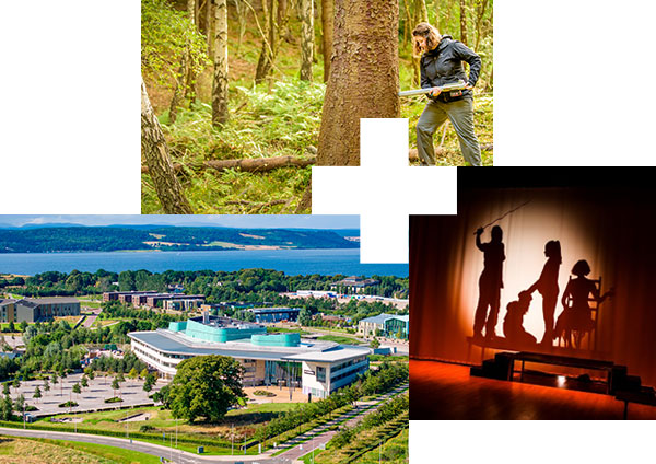Left: UHI Inverness campus. Top: Forestry student on site. Right: Drama student production. Left: UHI Inverness campus. Top: Forestry student on site. Right: Drama student production.