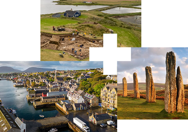 Left: Harbour scene depicting dramatic mountains, Stromness. Top: Investigating the midden at a Ness of Brodgar archaeological dig site. Right: Ring of Brodgar, an iconic Neolithic henge and stone circle near Stromness. Left: Harbour scene depicting dramatic mountains, Stromness. Top: Investigating the midden at a Ness of Brodgar archaeological dig site. Right: Ring of Brodgar, an iconic Neolithic henge and stone circle near Stromness.