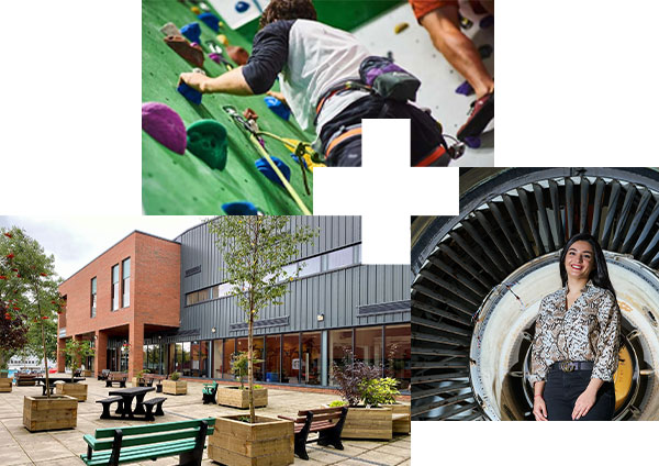 Left: UHI Perth campus building. Top: Climbers making their way up the indoor climbing wall. Right: Aviation student in front of a plane engine. Left: UHI Perth campus building. Top: Climbers making their way up the indoor climbing wall. Right: Aviation student in front of a plane engine.