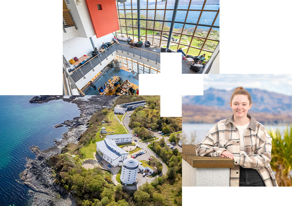 Left: Sabhal Mòr Ostaig buildings located on stunning sea cliffs. Top: Two levels of the campus, with students studying and eating lunch. Right: Student standing outside the campus building with mountains in the background. Left: Sabhal Mòr Ostaig buildings located on stunning sea cliffs. Top: Two levels of the campus, with students studying and eating lunch. Right: Student standing outside the campus building with mountains in the background.