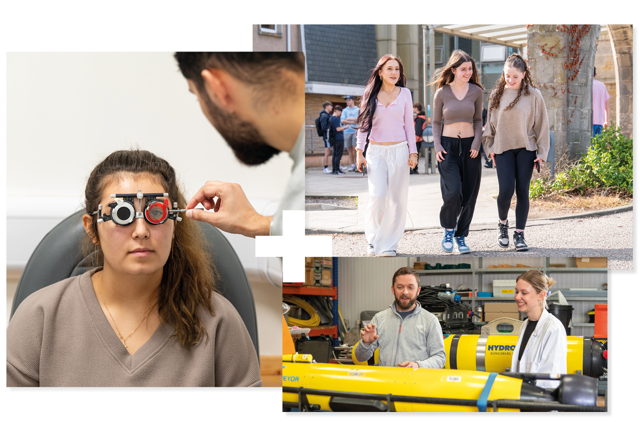 Person having an eye exam | Three people walking together | Two people looking an ocean surveying equipment