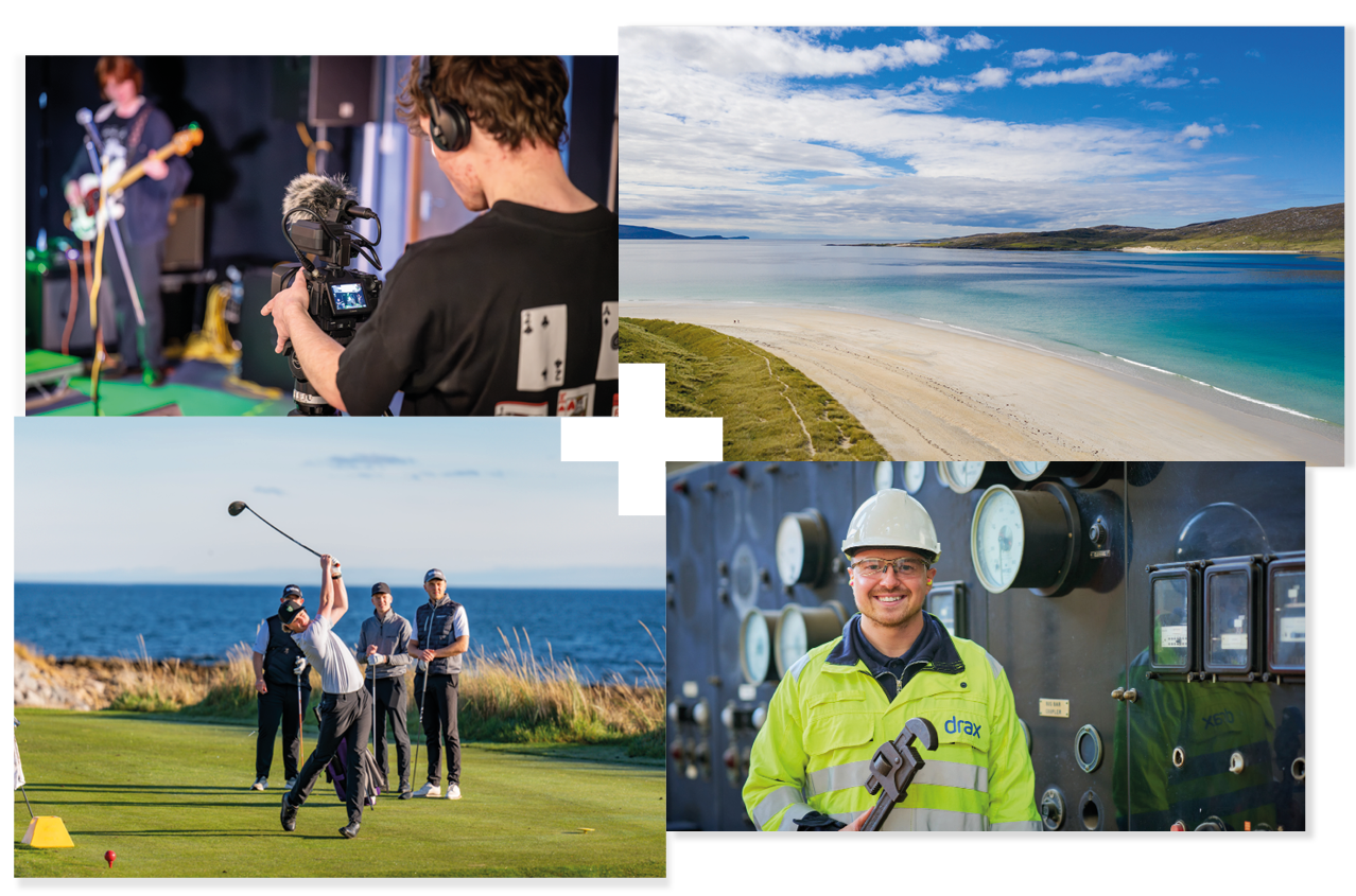 People filming in a studio | Beach on the Outer Hebrides | Golfers hitting a ball | Engineer smiling People filming in a studio | Beach on the Outer Hebrides | Golfers hitting a ball | Engineer smiling