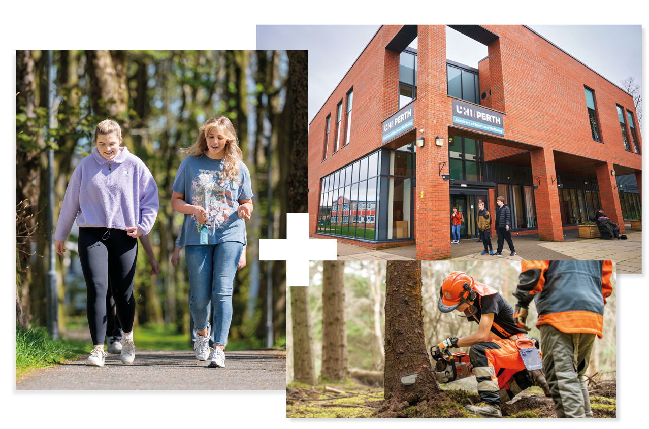 Two people walking together | A forestry student chainsawing a tree | UHI Perth campus building Two people walking together | A forestry student chainsawing a tree | UHI Perth campus building
