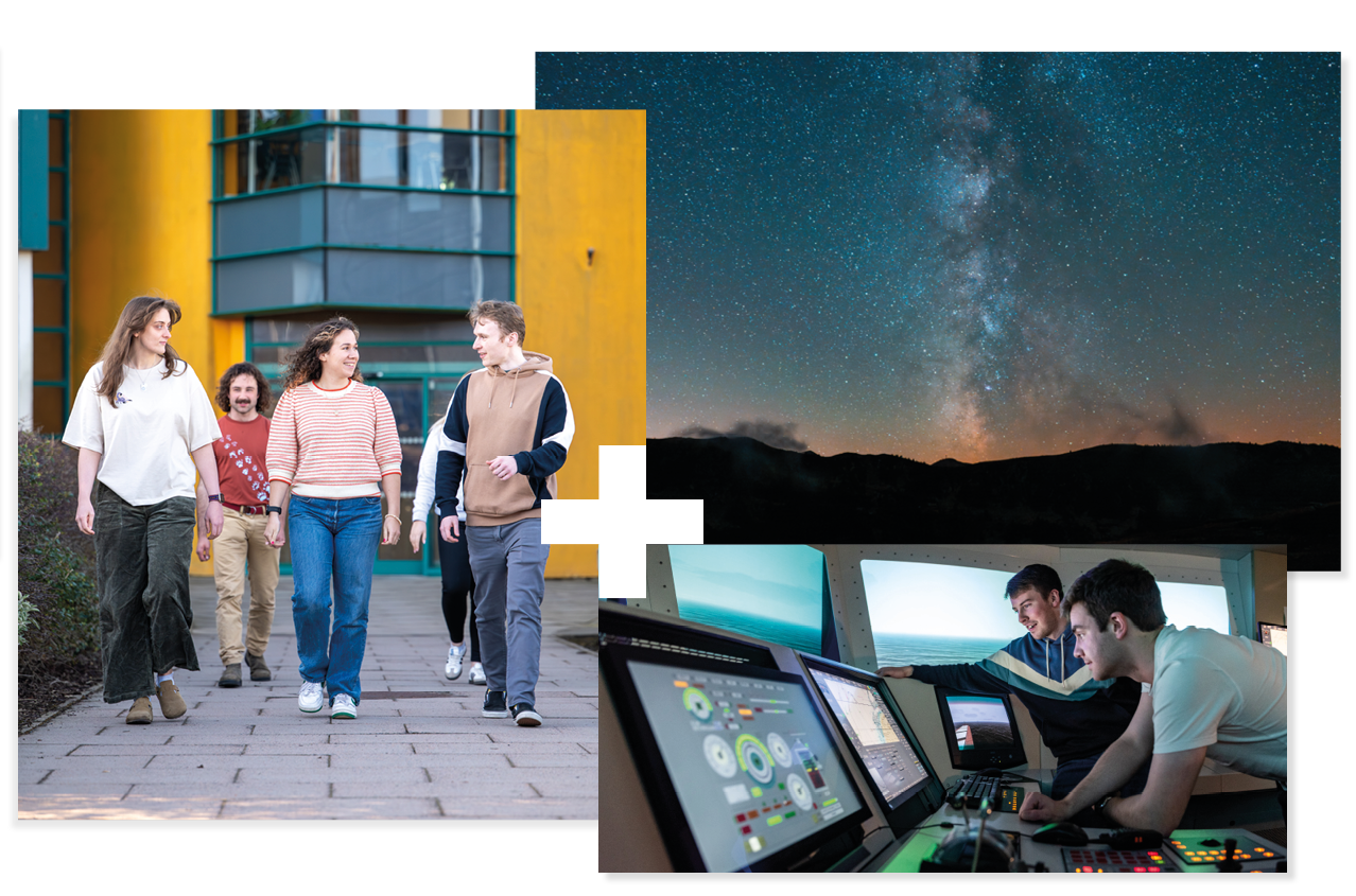 Three people walking together | Stars in the sky | Students working in a Maritime Bridge Simulator Three people walking together | Stars in the sky | Students working in a Maritime Bridge Simulator
