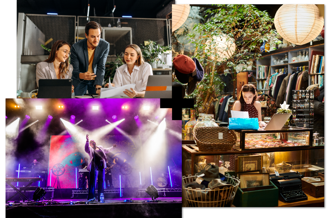 Collage of 3 images | accounting | Belladrum festival | a lady managing a shop Collage of 3 images | accounting | Belladrum festival | a lady managing a shop