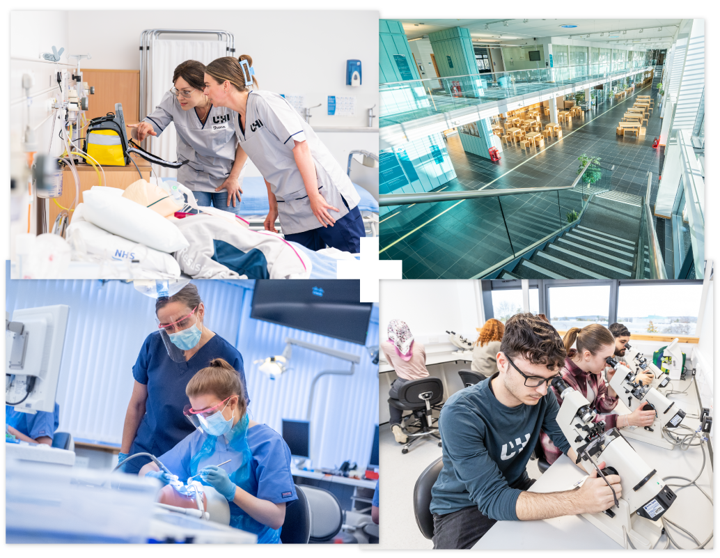Collage of 4 | Healthcare students and an image of UHI House