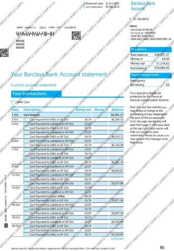 A specimen bank statement which clearly shows the bank logo and name details of the bank account confirming the persons name and address