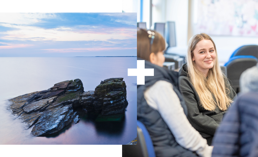 Collage of 2 | Hiker at the Needle Pinnicle, Isle of Skye | Student at a laptop