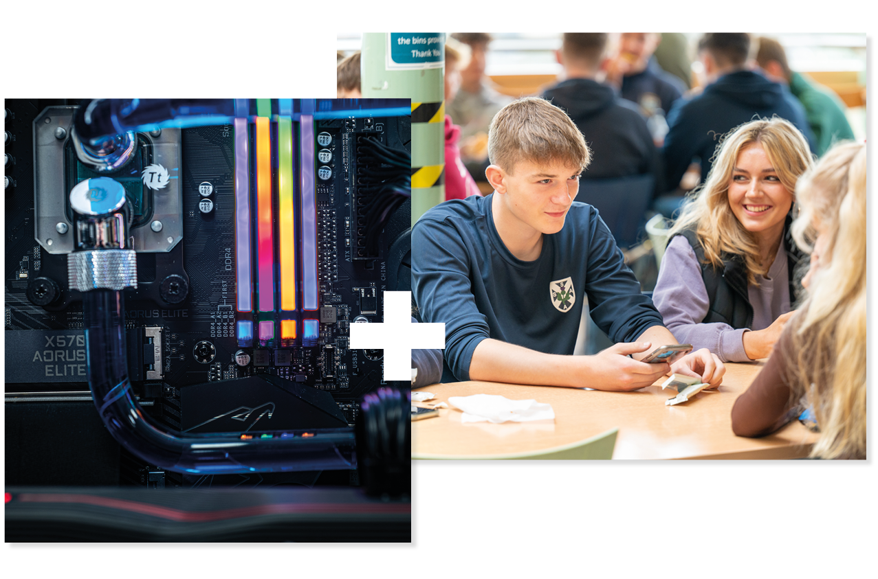 Collage of 2. Close-up of computer. Students in a canteen.