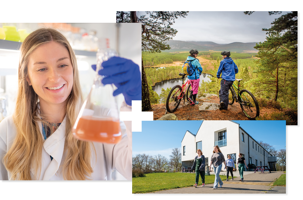 Collage of 3 | Student in a laboratory | People on bikes | Students walking outside student accommodation Collage of 3 | Student in a laboratory | People on bikes | Students walking outside student accommodation