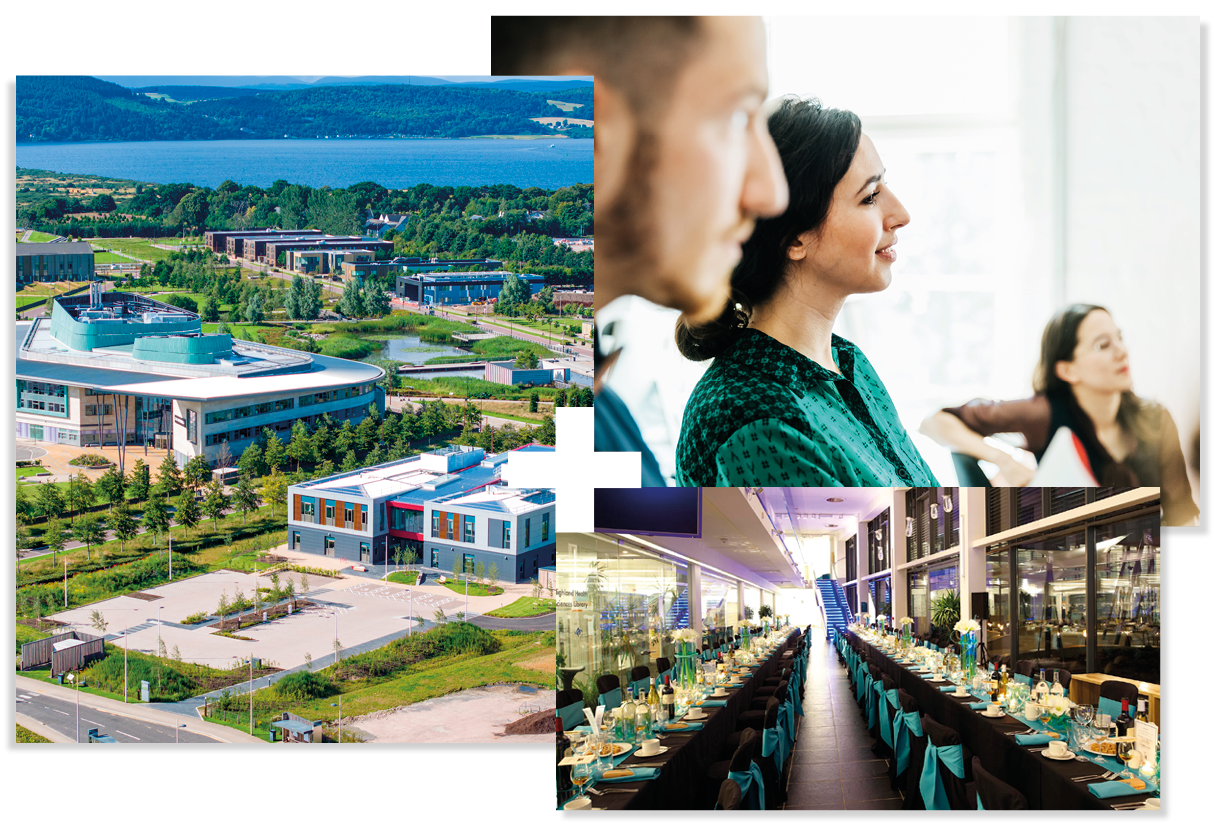 Collage of 3 | Image of UHI Inverness campus | The Street in UHI House | People in a meeting Collage of 3 | Image of UHI Inverness campus | The Street in UHI House | People in a meeting