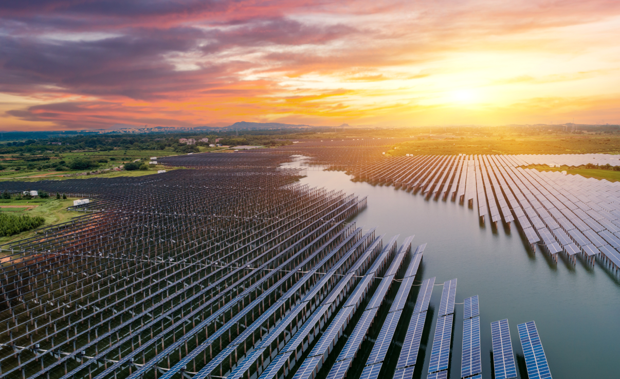 Sunset over solar panels Sunset over solar panels