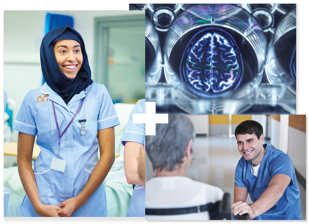 Healthcare professional in a hospital | Healthcare professional talking to a client | Scan of a human brain Healthcare professional in a hospital | Healthcare professional talking to a client | Scan of a human brain