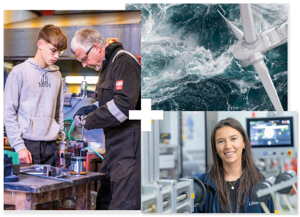 Collage of 3 | Windmill in the sea | A lecturer teaching an engineering student | An engineer at work Collage of 3 | Windmill in the sea | A lecturer teaching an engineering student | An engineer at work