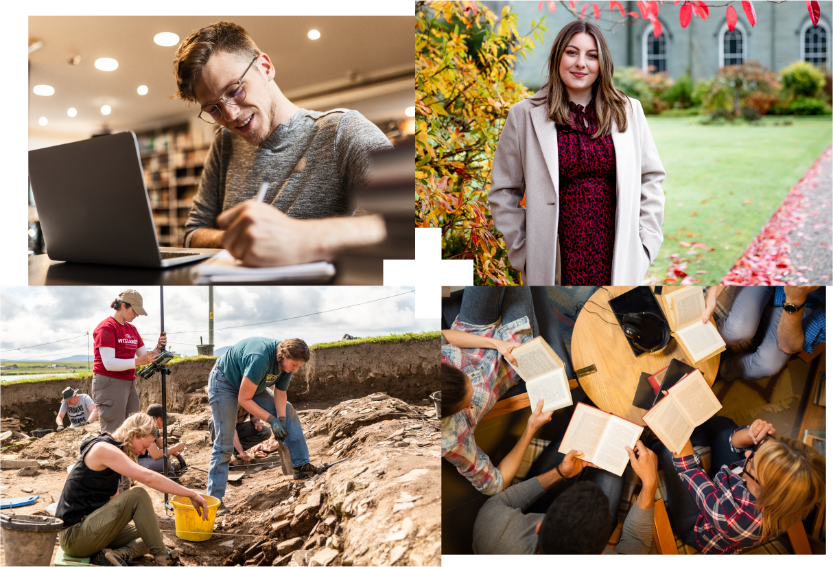 Collage of 4 | Study in library | Student at a castle | Group of students | Archaeological excavation Collage of 4 | Study in library | Student at a castle | Group of students | Archaeological excavation